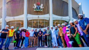 Governor of Lagos State, Mr. Babajide Sanwo-Olu flanked by CEO, Shared Agent Network Expansion Facilities Limited (SANEF), Mrs. Ronke Kuye (left); Project Manager, Cappa & D'Alberto Limited, Dave Morris (second left); and the Project Manager, Mrs. Jumoke Akinwunmi (right), followed by ECAD Architects, Mr. Adetokunbo Laoye; Special Adviser to the Governor on Tourism, Arts and Culture, Mr. Idris Aregbe and others, during the governor’s visit to the reformed and upgraded Wole Soyinka Centre for Culture and Creatives Arts (formerly National Arts Theatre), Iganmu, on Sunday, 11 August 2024.