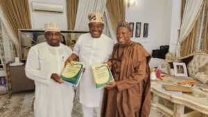 Senator Representing Ondo South Senatorial district, Senator Jimoh Ibrahim presents the Aseyori Strategy book series to the National Chairman of All Progressives Congress, APC, Alhaji Abdullahi Umar Ganduje during his private visit to the residence of Senator Dr Jimoh Ibrahim, CFR in the Abuja Asokoro home, on Thursday, 29th August, 2024