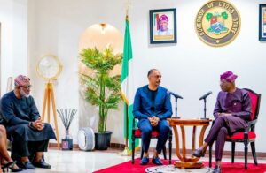 L-R: Director Corporate & Regulatory Affairs, Olam Afri Nigeria, Mr. Ade Adefeko; MD/CEO, Olam Afri Nigeria, Anil Nair and Governor of Lagos State, Mr. Babajide Sanwo-Olu, during a courtesy visit of the management team to the Governor at the Lagos House, Marina, on Thursday, 01 August 2024.