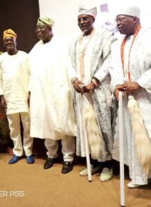 From the right: Osile of Oke-Ona, Oba Dapo Tejuoso, Olowu of Owu, Oba Prof. Saka Matemilola, and Chairman of the 2nd Olowu Coronation Symposium, Prof. Tunji Olaopa, Chairman, FCSC