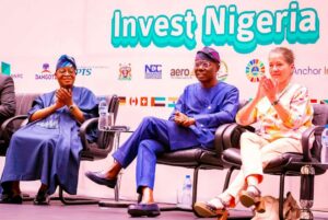 Minister of Marine and Blue Economy, Mr. Gboyega Oyetola; Governor of Lagos State, Mr. Babajide Sanwo-Olu and the Ambassador of Germany to Nigeria, Annett Gunther during the Lagos Chamber of Commerce and Industry (LCCI) International Business Conference & Expo 2024, themed 'Invest Nigeria', at the Eko Hotels and Suites, Victoria Island, Lagos, on Tuesday, 27 August 2024.