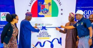 Governor of Lagos State, Mr. Babajide Sanwo-Olu (second left) cutting the tape to launch the Lagos Revenue Portal (LRP), Deputy Governor, Dr. Obafemi Hamzat (second right) and Special Adviser, Taxation & Revenue, Mr. Abdul-Kabir Ogungbo (right) during the launch of the LRP, at the Marriott Hotel in G.R.A, Ikeja, on Thursday, 15 August 2024.