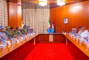 President Bola Tinubu, centre, at a meeting with ECOWAS Chiefs of Defence Staff on Friday in Abuja