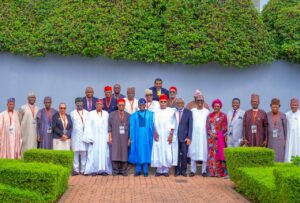 President Tinubu with members of the group led by Chief Emeka Anyaoku, former Commonwealth Secretary-General, at the State House on Friday.jpg