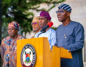 Governor of Lagos State, Mr. Babajide Sanwo-Olu addressing Lagosians on the planned nationwide protest, with him: his Deputy, Dr. Obafemi Hamzat; Commissioner for Health, Prof. Akin Abayomi and the Special Advisers, E-GIS & Urban Development, Dr. Olajide Babatunde during a media briefing at Lagos House, Ikeja, on Tuesday, 31 July 2024.
