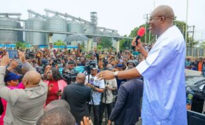 Rivers State Governor, Sir Siminalayi Fubara (right); addressing peaceful #EndBadGovernance protesters at the Main Gate of Government House in Port Harcourt on Thursday.