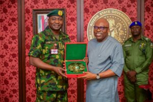 Chief of Defence Staff, General Christopher Musa, presenting a plaque to Governor Siminalayi Fubara at Government House, Port Harcourt.