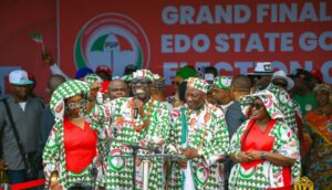 Governors Ahmadu Umaru Fintiri, Godwin Obaseki and others at the grand finale campaign rally of the party held in Benin.