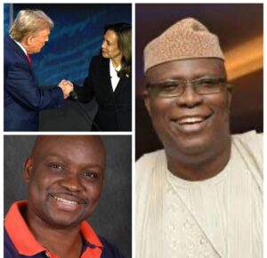Clockwise from top left: Donald Trump, Kamala Harris, Senator Babafemi Ojudu and Ayodele Peter Fayose(Peter the Rock)