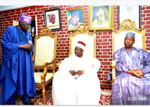 L-R: President Bola Tinubu, Shehu of Borno, Abubakar Ibn Umar Garba El-Kanemi and Governor Babagana Zulum