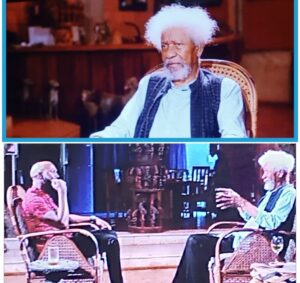 Wole Soyinka, top, and bottom, the Nobel Laureate with Larry Madowo