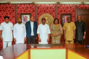 Rivers State Governor, Sir Siminalayi Fubara (middle); his Deputy, Prof Ngozi Odu (3rd right); Chairman of the Task Force to Supervise the Revitalisation of Songhai Farms, Mr Biedima Oliver (3rd left); member of the task force and Commissioner for Agriculture, Engr Victor Kii (2nd left); and other members: Barrister Emmanuel Frank-Fubara (right); Dr Ayebaesin Beredugo (2nd right); and Mr Maurice Ogolo (left); during the inauguration of the task force at Government House in Port Harcourt on Wednesday.