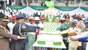 From L-R; Immigration Comp, Patrick Ebegbune, CP Danjuma Aboki, Deputy , Lady Chinyere Ekomaru, Governor Hope Uzodimma CON, the Wife of the Governor, Chief Barr Chioma Uzodimma, Brig Gen UA lawal, and Commodore MB Salisu at the 64th Independence Day Anniversary held at Rear Admiral Ndubuisi Kanu Square, Owerri