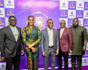 L-R: Head of Partnership, PalmPay, Chibuzor Melah; Managing Director/CEO, AfriGOPay Financial Services Limited, Ebehijie Juliet Momoh; Managing Director, PalmPay, Chika Nwosu; Vincent Ogbunude, MD, Payment Tokens (Verve); Femi Hanson, Head, Marketing and Communications, PalmPay at the recent 5th Anniversary celebration of the fintech in Ikeja, Lagos.
