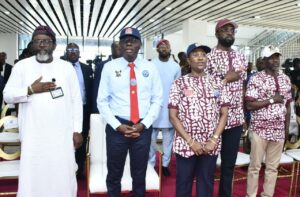 Committee chairman on Transportation, Lagos State House of Assembly, Hon. Temitope Adewale; Governor of Lagos State, Mr. Babajide Sanwo-Olu; Managing Director of LAMATA, Engr. (Mrs) Abimbola Akinajo; Commissioner for Transportation, Mr. Oliwaseun Osiyemi and the Special Adviser to the Governor on Transportation, Hon. Sola Giwa, during the flag off of commercial operations of the Redline rail at the Oyingbo Terminal on Tuesday, 15 October 2024.