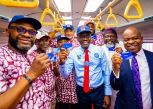 Governor of Lagos State, Mr. Babajide Sanwo-Olu (third right); Managing Director of LAMATA, Engr. (Mrs) Abimbola Akinajo (third left); Special Adviser to the Governor on Transportation, Hon. Sola Giwa (second left); Permanent Secretary, Ministry of Transportation, Mr. Olawale Musa (left) and others during the flag off of commercial operations of the Redline rail at the Oyingbo Terminal on Tuesday, 15 October 2024.