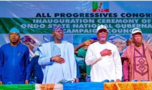 From left: Governors Biodun Oyebanji, Babajide Sanwo-Olu, Lucky Aiyedatiwa and APC Chairman Abdullahi Ganduje during the campaign council inauguration