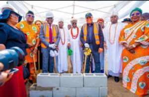 L-R: Chief Judge of Akwa Ibom State, Hon. Justice Ekaette Obot; Speaker, Akwa Ibom State House of Assembly, Rt. Hon. Udeme Otong; Governor of Lagos State, Mr. Babajide Sanwo-Olu; Oniru of Iruland, Oba Abdulwasiu Omogbolahan Lawal; President General of Akwa Ibom State Supreme Council of Traditional Rulers, His Eminence, Ntenyin Solomon Etuk; Governor of Akwa Ibom State, Pastor Umo Eno; Elegushi of Ikateland, Oba Saheed Elegushi and Deputy Governor of Akwa Ibom State, Senator Akon Eyakenyi during the ground breaking ceremony of Ibom Towers at Victoria Island in Lagos, on Wednesday, 30 October 2024.