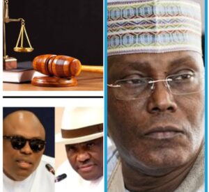 From top left: Symbol of Justice, Atiku Abubakar, Nyesome Wike and Siminalayi Fubara