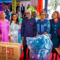 Governor of Lagos State, Mr. Babajide Sanwo-Olu (middle); Commissioner for Women Affairs & Poverty Alleviation (WAPA), Mrs. Bolaji Dada (third right); WAPA Permanent Secretary, Mrs. Oluyemi Kalesanwo (second right); Committee chairman on Women Affairs & Wealth Creation, Lagos House of Assembly, Princess Lara Oyekan-Olumegbon (third left); APC Lagos Women Leader, Hon. Jumoke Okoya-Thomas (second left) with two graduates from the Lagos State Skills Acquisition centres during the graduation ceremony for the 2023/2024 set, held at De blue roof, LTV, Agidingbi, Ikeja, on Wednesday, 16 October 2024.