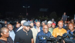 Rivers State Governor, Sir Siminalayi Fubara (middle); addressing newsmen in front of RSIEC Office on Aba Road in Port Harcourt while House of Representatives members, Hon Boma Goodhead (left); Hon Awaji-Inombek Abiante (right); Speaker, Rivers State House of Assembly, Rt Hon Victor Oko-Jumbo (2nd left); and Secretary to the State Government, Dr Tammy Danagogo (2nd right); watch, in the early hours of Friday.
