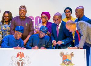 Minister of State for Health and Social Welfare, Dr. Tunji Alausa; Governor of Lagos State, Mr. Babajide Sanwo-Olu; the State Attorney General/Commissioner for Justice, Mr. Lawal Pedro, SAN; House of Reps. member, Epe Constituency, Hon. Wale Raji and Commissioner for Health, Prof. Akin Abayomi during the Lagos Trauma Conference and signing of MoU for transfer of the Epe General Hospital to the Federal Government, held at Landmark Event Centre, Oniru, Victoria Island, on Thursday, 03 October 2024