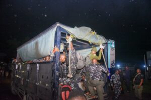 Trucks and Hilux vehicles deployed from a neighbouring State to take over RSIEC office in Port Harcourt in the early hours of Friday.
