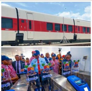 Lagos Red Line, top. Bottom from left: Governor of Lagos State, Mr. Babajide Sanwo-Olu tapping with his cowry card to board the train on the Redline, Managing Director of LAMATA, Engr. (Mrs) Abimbola Akinajo (right) dring the flag off of commercial operations of the Redline rail at the Oyingbo Terminal on Tuesday, 15 October 2024