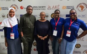 L-R Mazeedah Olutosin, Submissions Editor at Ouida Books; Maurice Igugu, Chief Marketing Officer at Sterling Bank; Lola Shoneyin, founder, Book Buzz Foundation and Director, Aké Arts and Book Festival; Tobechukwu Anyachebelu, Administrative manager at Book Buzz Foundation; Anjola Ayodeji, Bookstore officer at Ouida Books during the opening of Ake Arts & Books Festival held in Lagos on Thursday