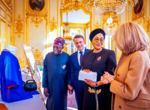 French President Emmanuel Macron and his spouse, Brigitte Macron, welcomed President Bola Ahmed Tinubu and First Lady, Senator Oluremi Tinubu, in Paris at both the Military Museum, Hôtel des Invalides, and later at the Élysée Palace.