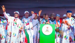 Governor of Ondo State and APC Governorship candidate and Mr. Lucky Aiyedatiwa; Governor of Lagos State and Chairman, National Campaign Council for Ondo State Governorship Election, Mr. Babajide Sanwo-Olu; Governor of Imo State and Chairman, Progressive Governors Forum, Sen. Hope Uzodinma; Vice President Kashim Shettima; Kwara State Governor/Chairman, Nigeria governors forum, Alhaji AbdulRahman AbdulRasaq; APC National Chairman, Alhaji Abdullahi Ganduje and Governor Dapo Abiodun of Ogun State during the party’s mega rally for Governor Aiyedatiwa at the MKO Abiola Democracy Park, Akure, on Tuesday, 13 November 2024.