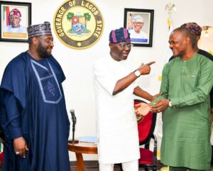 From left: Chairman, Federal House of Representatives committee on Ecological Funds, Rt. Hon. Aminu Sanni Jaji; Governor of Lagos State, Mr. Babajide Sanwo-Olu and Hon. Patrick Umoh during a courtesy call by the committee at the Lagos House, Marina, on Saturday, 02 November 2024.