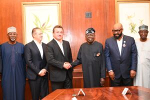 L-R Co-Chairman Presidential Committee on Livestock Reform, Professor Attahiru Jega, Executive of JBS S.A Brazil, Mr. Gilberto Tomazoni, Founder and President of JBS S.A Brazil, Mr Wesley Batista, President Bola Ahmed Tinubu, Niger State Governor, Mohammed Umaru Bago and Minister for Livestock Development, Alhaji Idi Mukhtar during signing of Letter of Intent between the Federal Government and the JBS S.A on partnership for integrated livestock development in Nigeria on the sideline of G20 Leaders' Summit in Rio, Brazil on Thursday
