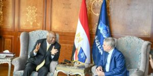 Governor Hope Uzodimma of Imo State (left), stresses a point at a meeting with Admiral Osama Rabie, Chairman of Egypt's Suez Canal Authority when the duo met in Cairo to partner on Ports activities...Monday