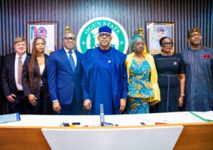 L-R: Chairman Healthshare, Dr, Tony Decoito; Managing Director Afrilife, Patience Ugbaja; Group Managing Director, Pan African Capital Holdings, Chris Oshiafi; Ogun State Governor, Prince Dapo Abiodun; his Deputy, Engr. Noimot Salako-Oyedele; Commissioner for Health, Dr. Tomi Coker and the state Director General, Public Private Partnership, Barr, Dapo Oduwole, during the handover of the 250-bed Ogun State Specialist Hospital to the concessionaire at the Governor's Office, Oke-Mosan, Abeokuta on Thursday.