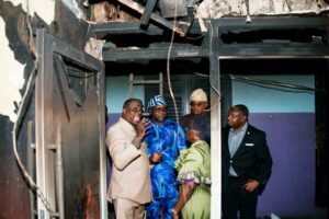 From left: Permanent Secretary, Lagos State Emergency Management Agency, LASEMA, Dr. Olufemi Oke-Osanyintolu; Special Adviser to Governor Sanwo-Olu on Media and Publicity, Mr. Gboyega Akosile; Commissioner for Special Duties and Inter-governmental Relations, Mr. Gbenga Oyerinde; his counterpart for Information and Strategy, Mr. Gbenga Omotoso and Director, Federal Radio Corporation of Nigeria (FRCN) Lagos Operations, Mrs. Bolanle Owoyemi during a visit by the Lagos State Government officials to the scene of fire incident at the Radio Nigeria Broadcasting House in Ikoyi, on Thursday, 28 November 2024.