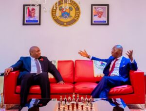 UK Secretary of State for Foreign Affairs, Commonwealth & Development Affairs, Hon. David Lammy receiving a Lagos State government plaque from Governor Babajide Sanwo-Olu, during a courtesy call by the UK Secretary of State at Lagos House, Marina, on Monday, 4 November 2024