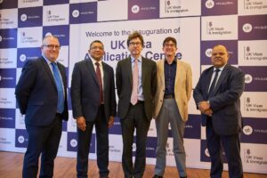 L-R: VFS UKVI Account Management Team, Mr. Kingsley Magee; Chief Operating Officer – Global Operations, and Head of UKVI Account Management Team, Mr. Srinarayan Sankaran; British Deputy High Commissioner in Lagos, Mr. Jonny Baxter; Director for Visa, Status and Information Services at UK Visas and Immigration (UKVI), Mr. Marc Owen; Head- Sub-Saharan Africa, VFS Global, Mr. Alok Singhal at the inauguration of the newly opened UK Visa Application Centre in Ikeja, Lagos on 27 November 2024