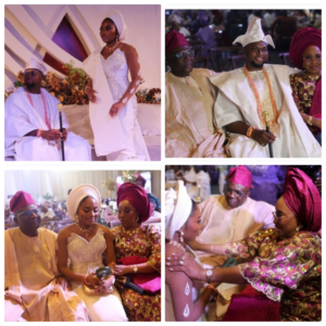 From top left: Tobiloba Onanuga and Ayodele Okugbenga Oshobajo: Ayodele with Bayo and Toyin Onanuga; Tobiloba receiving her parents' blessings and Tobiloba with