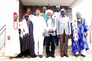 The Akogun of Isara, Professor Wole Soyinka, in the middle; flanked by the Otun- Akogun of Isara, Dr. Olaokun Soyinka ( Left); Bldr. Kunle Awobodu ( Right); and members, Isara Council of Chiefs at Isara-Remo...on Sunday, September 15, 2024