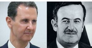 Bashar al-Assad and his father, Hafez al-Assad, (top) and the ruins of Damascus.jpg