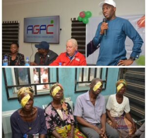 Top photo: AGPC's Managing Director, Engr. Effiong Okon (standing), delivering his opening remarks at the second edition of the 'Sight First' CSR Programme, held for the company's host and impacted communities in Assa, Owerri, Imo State. From right: General Manager Technical, Engr. Wolter Wielenga; GM Finance, Mazi Fred Asoluka; and CSLA, Barrister Mofe Eromosele Bottom photo: Cross section of some of the patients who have successfully undergone cataract surgery in one of our impacted communities in Assa, Owerri