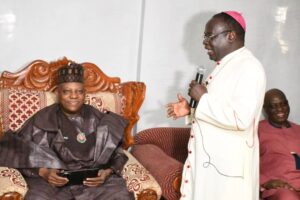 Bishop Matthew Hassan Kukah, right, and VP Shettima during his condolence visit to the Kukah family on the death of His Highness, Yohanna Sidi Kukah, the Agwom Akulu of Ikulu Chiefdom