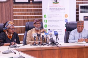L-R: Permanent Secretary, Ministry of Solid Minerals Development (MSMD), Dr. Mary Ogbe; Minister of Solid Minerals Development, Dr. Dele Alake; Director, Mines Inspectorate, Engr. Ganiyu Imam during the press briefing announcing the lifting of ban on mining exploration activities in Zamfara state. 22nd December, 2024.