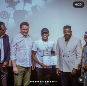L-R : Mr Seun Soyinka,.Christophe.Pecot,.a student, Mr Kunle Afolayan,.Mr Tunde Kelani
