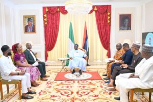 L-R..On left side: Reuben Abati (Moderator) Maupe Ogun-Yusuf, Nnamdi Odikpo To the Right: Babajide Kolade-Otitoju, Ruth Olurounbi, Azu Ishiekwene and Farouk Umar Farouk interviewing President Bola Tinubu during the Presidential Media Chat on Monday in Lagos