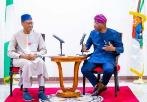Governor of Lagos State, Mr. Babajide Sanwo-Olu (right) making his remark when Minister of Housing and Urban Development, Arc. Ahmed Musa Dangiwa (left) paid a courtesy visit at Lagos House, Marina, on Wednesday, 11 December 2024