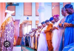 President Tinubu, third right, at Friday Jumat Prayer in Lagos, led by the Chief Imam of Lagos Central Mosque, Ridhwan Jamiu, left