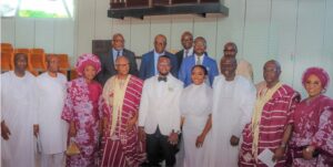 Tobiloba, Ayodele, in a group photograph with Governor Sanwo-Olu, Deputy Governor Hamzat, RCCG Officiating Ministers, the cuuple's parents and others.jpg