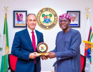 Ambassador of France to Nigeria, Amb. Marc Fonbaustier receiving the Lagos State Government plaque from the Governor, Mr. Babajide Sanwo-Olu, when the governor received the French envoy in courtesy visit, at the Lagos House, Marina, on Wednesday, 29 January 2025.